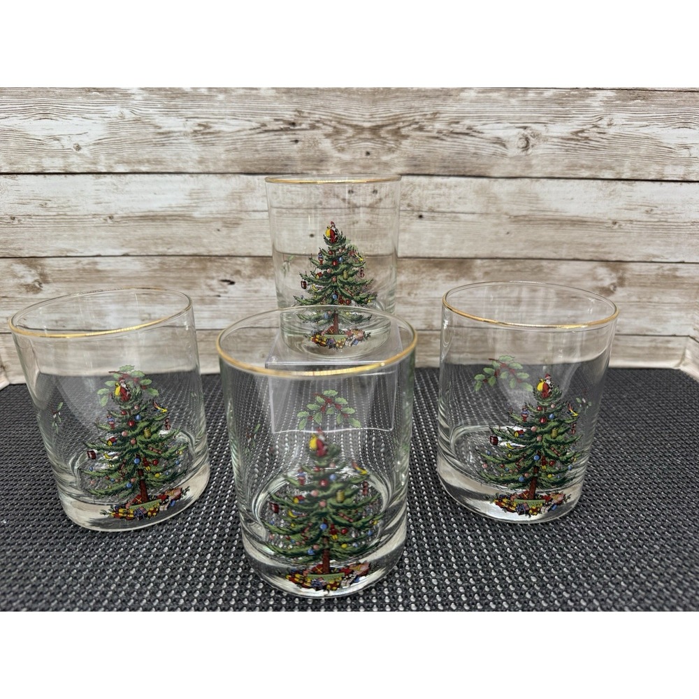 Vintage Spode Christmas Tree Set 4 Double Old Fashioned Glasses 12 oz Gold Rim